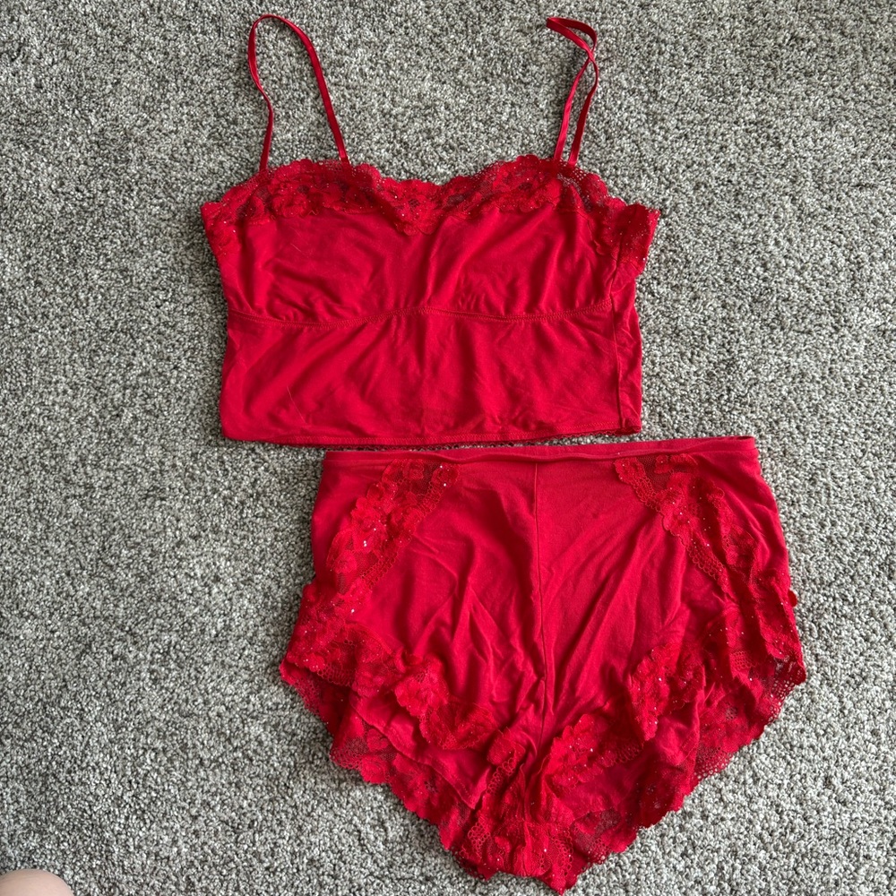 Victoria's Secret Red Lace-Trim Cami & High-Waist Briefs